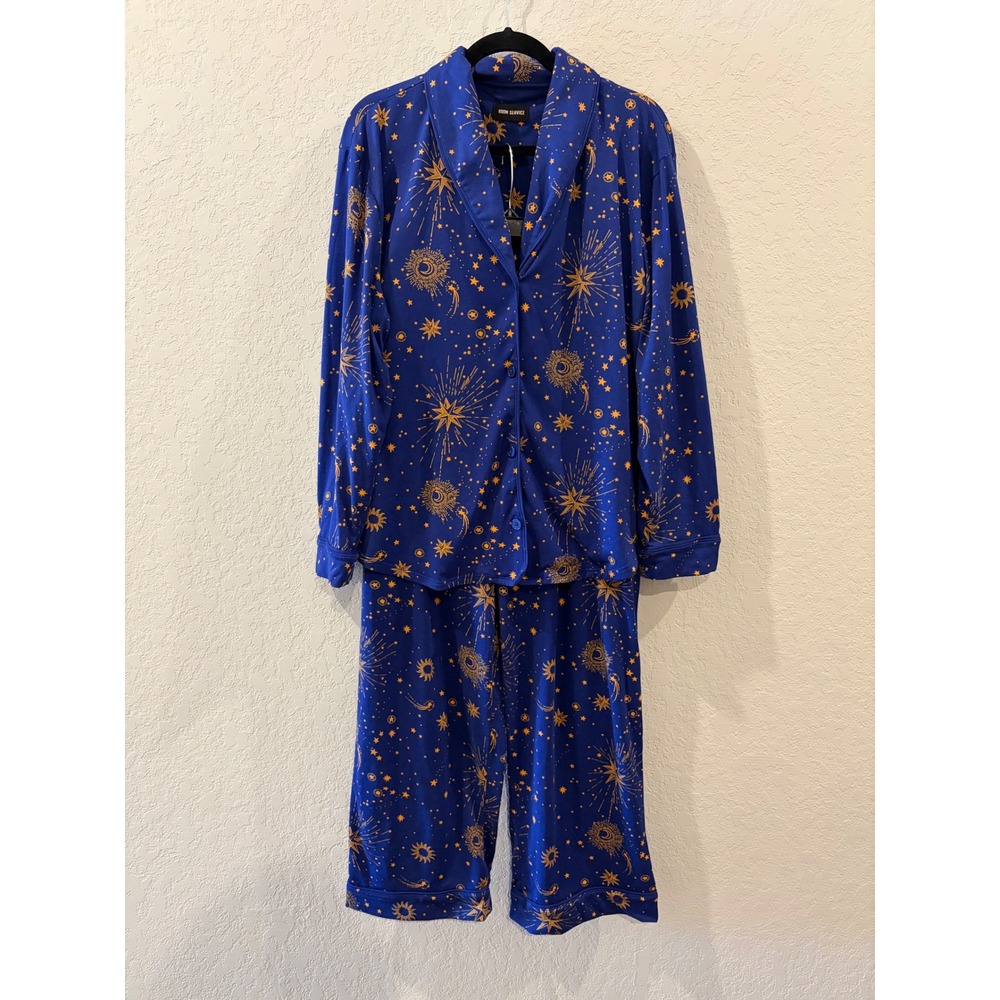 Room Service Celestial Pajama Set Blue Gold Sun Moon Stars XXL Womens PJ Set